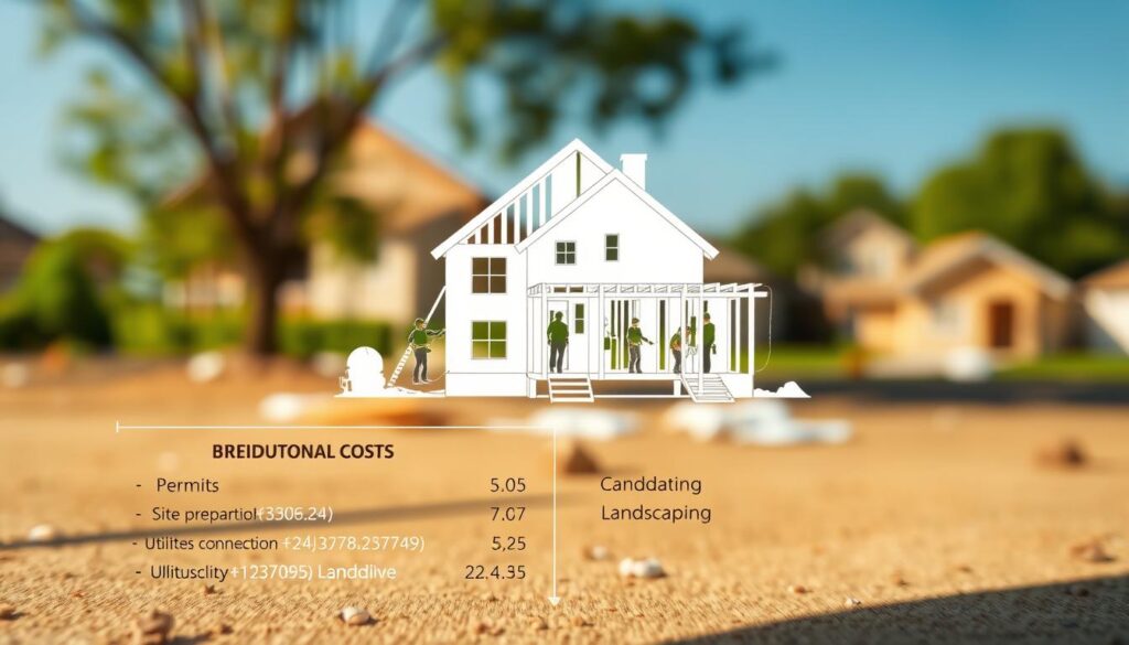 A blueprint-like illustration showcasing the additional costs involved in building a house. In the foreground, a detailed breakdown of expenses such as permits, site preparation, utilities connection, and landscaping. In the middle ground, a partially constructed house with workers engaged in various tasks. The background features a blurred neighborhood setting, hinting at the broader context. The lighting is clear and directional, casting shadows that emphasize the architectural elements. The overall tone is informative and technical, reflecting the practical nature of the subject matter. A blueprint-like illustration showcasing the additional costs involved in building a house. In the foreground, a detailed breakdown of expenses such as permits, site preparation, utilities connection, and landscaping. In the middle ground, a partially constructed house with workers engaged in various tasks. The background features a blurred neighborhood setting, hinting at the broader context. The lighting is clear and directional, casting shadows that emphasize the architectural elements. The overall tone is informative and technical, reflecting the practical nature of the subject matter.