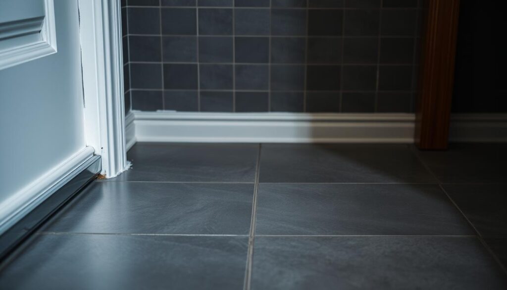 A dimly lit interior space showcases a selection of ill-suited baseboards against a backdrop of dull gray floor tiles. The mismatched colors and textures create a disjointed, visually displeasing effect. In the foreground, a few unsightly options stand out - a shiny, chrome baseboard that clashes with the muted tile hues, and a bulky, wooden trim that overwhelms the delicate flooring. The middle ground features a closer look at these design missteps, highlighting the lack of cohesion and the missed opportunity to seamlessly integrate the baseboards with the tiles. An overall sense of discordance and design oversight pervades the scene, providing a cautionary visual for the perils of poor baseboard selection. A dimly lit interior space showcases a selection of ill-suited baseboards against a backdrop of dull gray floor tiles. The mismatched colors and textures create a disjointed, visually displeasing effect. In the foreground, a few unsightly options stand out - a shiny, chrome baseboard that clashes with the muted tile hues, and a bulky, wooden trim that overwhelms the delicate flooring. The middle ground features a closer look at these design missteps, highlighting the lack of cohesion and the missed opportunity to seamlessly integrate the baseboards with the tiles. An overall sense of discordance and design oversight pervades the scene, providing a cautionary visual for the perils of poor baseboard selection.