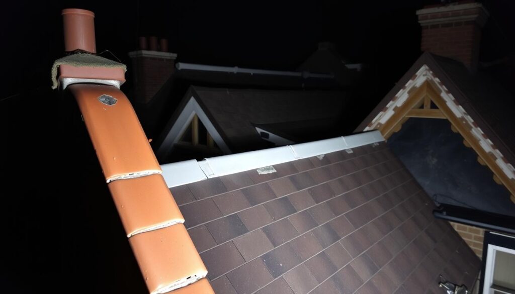 A dimly lit rooftop scene showcasing the most common construction flaws of a mansard roof. In the foreground, a poorly executed roof joint with visible gaps and misaligned tiles. In the middle ground, an uneven roofline and sagging rafters, indicating structural issues. The background features a complex intersection of roof planes, with visible irregularities and sloppy flashing work. The overall atmosphere is one of neglect and substandard workmanship, providing a cautionary tale for those undertaking a mansard roof project.