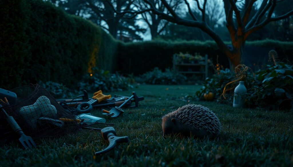 A lush garden at dusk, shadows cast by tall hedges and gnarled trees. In the foreground, a hedgehog snuffles, unaware of the dangers that lurk - a tangle of discarded netting, sharp garden tools, and toxic pesticides scattered across the overgrown lawn. The mood is ominous, a sense of foreboding as the hedgehog's peaceful existence is threatened by the careless actions of the unseen gardener. Soft, warm lighting illuminates the scene, drawing the eye to the vulnerable creature, while the background fades into deeper, cooler shadows. The composition emphasizes the precarious position of the hedgehog, highlighting the need for greater awareness and protection of these vital garden inhabitants. A lush garden at dusk, shadows cast by tall hedges and gnarled trees. In the foreground, a hedgehog snuffles, unaware of the dangers that lurk - a tangle of discarded netting, sharp garden tools, and toxic pesticides scattered across the overgrown lawn. The mood is ominous, a sense of foreboding as the hedgehog's peaceful existence is threatened by the careless actions of the unseen gardener. Soft, warm lighting illuminates the scene, drawing the eye to the vulnerable creature, while the background fades into deeper, cooler shadows. The composition emphasizes the precarious position of the hedgehog, highlighting the need for greater awareness and protection of these vital garden inhabitants.
