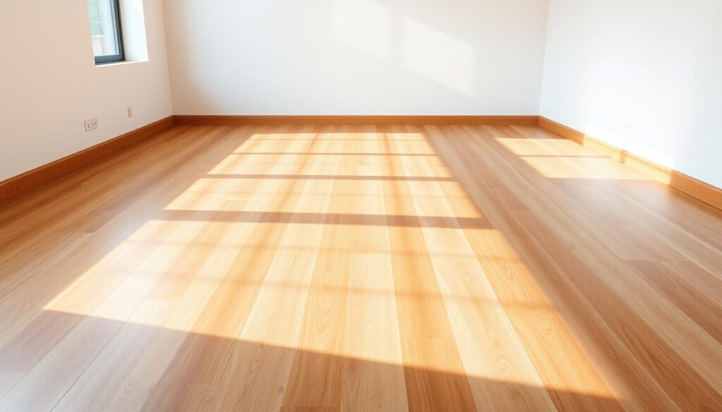 A modern and minimalist room with sleek, seamless flooring that extends from wall to wall, creating a visually stunning and cohesive look. The floors are a warm, natural-toned wood, polished to a high sheen, reflecting the soft, diffused lighting from above. The room is bathed in a soft, natural light, casting gentle shadows and highlights that accentuate the clean lines and textures of the space. The lack of traditional baseboards or trim allows the eye to flow uninterrupted, creating a sense of spaciousness and visual harmony. The overall effect is one of elegant simplicity, where the focus is on the beauty of the materials and the clean, modern design. A modern and minimalist room with sleek, seamless flooring that extends from wall to wall, creating a visually stunning and cohesive look. The floors are a warm, natural-toned wood, polished to a high sheen, reflecting the soft, diffused lighting from above. The room is bathed in a soft, natural light, casting gentle shadows and highlights that accentuate the clean lines and textures of the space. The lack of traditional baseboards or trim allows the eye to flow uninterrupted, creating a sense of spaciousness and visual harmony. The overall effect is one of elegant simplicity, where the focus is on the beauty of the materials and the clean, modern design.