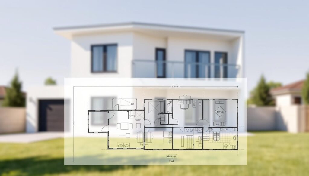 A modern, two-story house with a sleek, minimalist design stands prominently in the foreground. The building features clean lines, large windows, and a flat roof, conveying a contemporary architectural style. In the middle ground, a detailed blueprint of the house's floor plan is visible, showcasing the layout and dimensions. The background is blurred, creating a soft, atmospheric focus on the house and its construction details. The lighting is bright and natural, casting subtle shadows and highlighting the textures of the materials used. This image aims to provide a comprehensive visual representation of the costs associated with building a single-story, modern residential home. A modern, two-story house with a sleek, minimalist design stands prominently in the foreground. The building features clean lines, large windows, and a flat roof, conveying a contemporary architectural style. In the middle ground, a detailed blueprint of the house's floor plan is visible, showcasing the layout and dimensions. The background is blurred, creating a soft, atmospheric focus on the house and its construction details. The lighting is bright and natural, casting subtle shadows and highlighting the textures of the materials used. This image aims to provide a comprehensive visual representation of the costs associated with building a single-story, modern residential home.