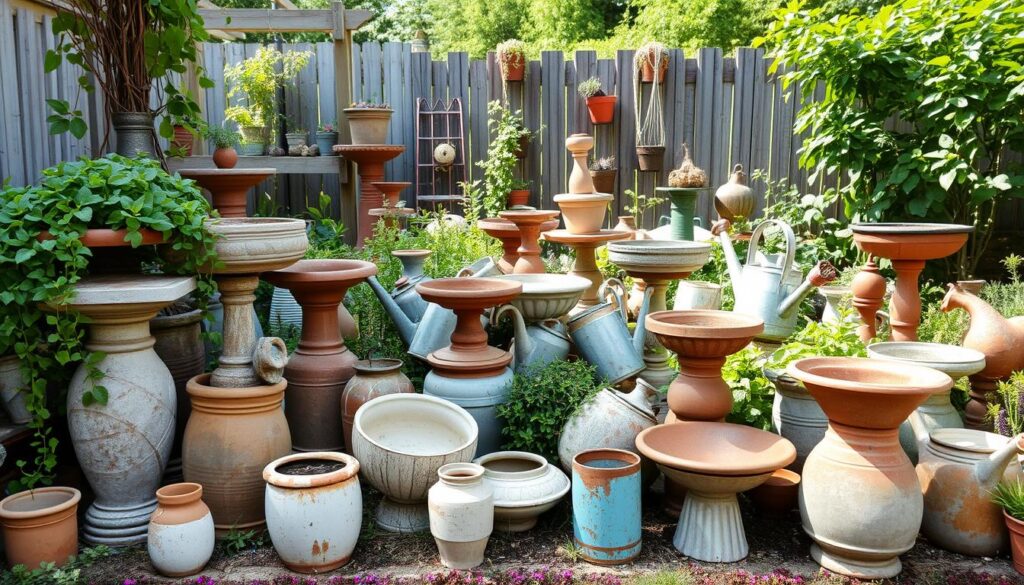 A rustic garden scene featuring an assortment of old, weathered ceramic pots and vases repurposed as whimsical DIY decorations. The foreground showcases a variety of creatively arranged planters, some overgrown with lush, cascading greenery, others used as bird baths or flower vases. In the middle ground, a mix of upcycled tin cans, terracotta bowls, and vintage watering cans are arranged artfully among the foliage. The background depicts a tranquil, sun-dappled garden setting, with a wooden fence, trellises, and lush, verdant plants providing a natural, earthy backdrop. The overall mood is one of rustic charm, showcasing how everyday household items can be transformed into unique, budget-friendly garden decor.
