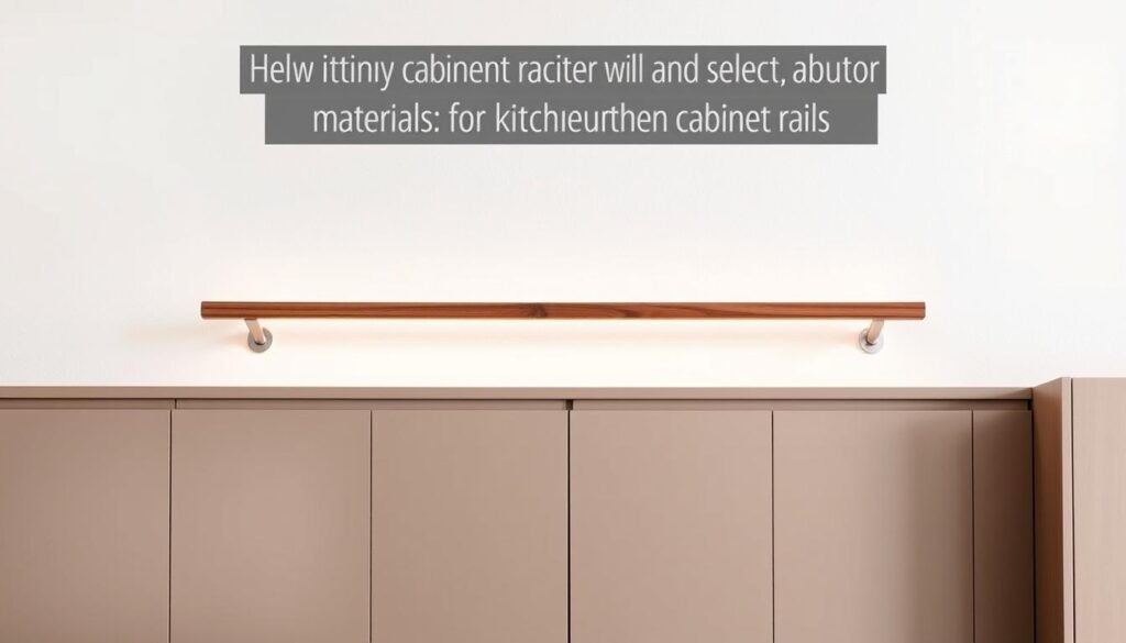 A sleek, modern kitchen showcasing a stylish wall-mounted cabinet rail. The rail is crafted from a combination of warm wood and gleaming metal, mounted above a row of streamlined, minimalist cabinets. Soft, diffused lighting casts a gentle glow, highlighting the textural details of the materials. The scene exudes a sense of refined elegance and practicality, perfectly suited for the article's focus on selecting the ideal materials for kitchen cabinet rails. A sleek, modern kitchen showcasing a stylish wall-mounted cabinet rail. The rail is crafted from a combination of warm wood and gleaming metal, mounted above a row of streamlined, minimalist cabinets. Soft, diffused lighting casts a gentle glow, highlighting the textural details of the materials. The scene exudes a sense of refined elegance and practicality, perfectly suited for the article's focus on selecting the ideal materials for kitchen cabinet rails.