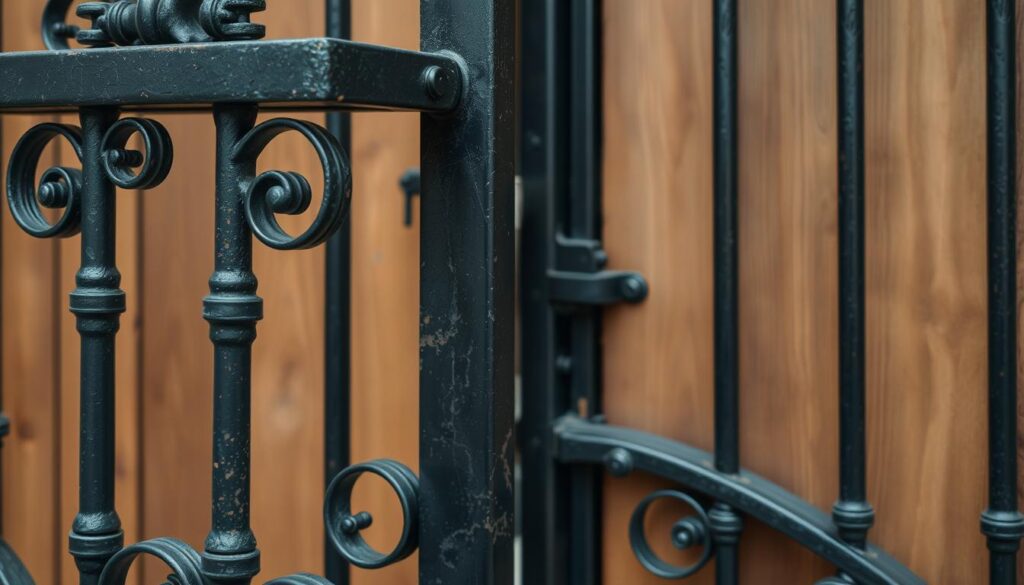 A close-up view of the construction materials used in a high-quality double-swing gate. The foreground showcases the intricate metalwork, featuring thick, sturdy wrought-iron bars and decorative scrollwork, all finished in a dark, weathered patina. The middle ground highlights the robust wooden panels, their grain and texture visible, complementing the metal frame. In the background, a glimpse of the gate's hinges and locking mechanism, engineered for long-lasting durability and security. The lighting is soft and diffused, emphasizing the tactile quality of the materials and casting subtle shadows to convey a sense of depth and solidity. The overall mood is one of quality craftsmanship and enduring strength, befitting the section on "Wytrzymałość i Materiały" for the article on double-swing gates.