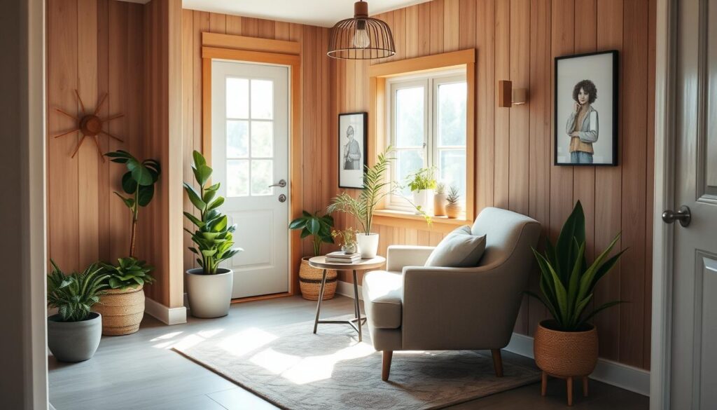 A cozy and inviting entryway nook, bathed in warm, natural lighting from a large window. Showcasing a plush armchair and side table, accented with lush potted plants and decorative items that reflect the homeowner's personality. The minimalist, Scandinavian-inspired design features clean lines and a neutral color palette, creating a serene and calming atmosphere. Wooden wall panels and a stylish pendant light fixture add texture and depth, while a patterned area rug grounds the space. The nook is positioned to maximize the available space, offering a tranquil and functional area for relaxation or light work. A cozy and inviting entryway nook, bathed in warm, natural lighting from a large window. Showcasing a plush armchair and side table, accented with lush potted plants and decorative items that reflect the homeowner's personality. The minimalist, Scandinavian-inspired design features clean lines and a neutral color palette, creating a serene and calming atmosphere. Wooden wall panels and a stylish pendant light fixture add texture and depth, while a patterned area rug grounds the space. The nook is positioned to maximize the available space, offering a tranquil and functional area for relaxation or light work.