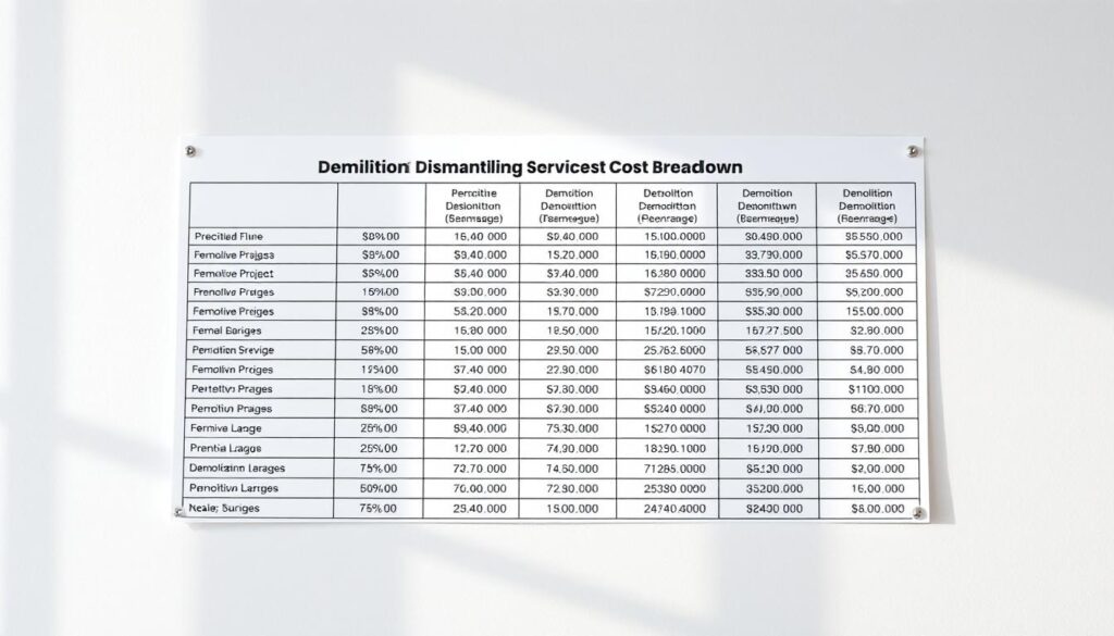 A high-quality table displaying a detailed cost breakdown for demolition and dismantling services, set against a clean, minimalist background. The table features clear, legible rows and columns with precise pricing information for various project sizes and complexity levels. The layout is well-organized, with sufficient whitespace to ensure easy readability. The overall aesthetic conveys a sense of professionalism and attention to detail, suitable for inclusion in a construction industry article. Subtle lighting from the side casts gentle shadows, adding depth and dimension to the tabular data. The camera angle is slightly elevated, providing an optimal view of the comprehensive pricing information.