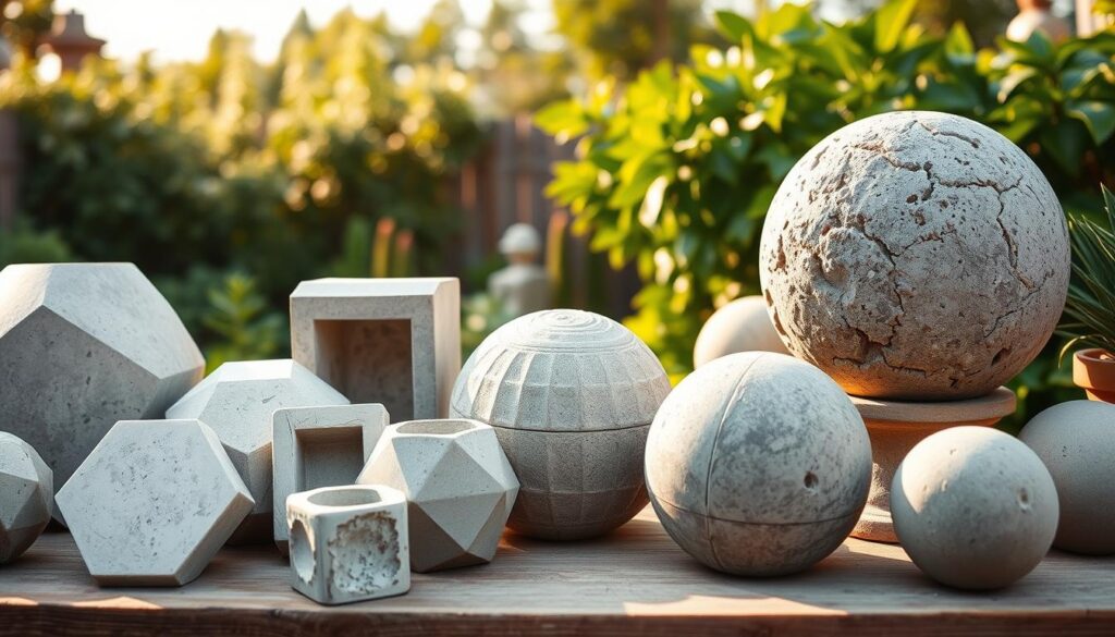 A selection of concrete molds for creating decorative garden spheres. The foreground features a variety of simple geometric mold shapes in different sizes, textures, and patterns - circular, square, and polygonal forms in smooth and textured finishes. The middle ground showcases the molds being used to cast concrete spheres in various stages of drying and curing. The background depicts a peaceful garden setting with lush greenery, providing context for how these handcrafted concrete balls could be displayed. Soft, warm lighting casts gentle shadows, highlighting the organic qualities of the materials. An artistic, rustic, and nature-inspired scene capturing the process of making simple yet elegant concrete garden decor.