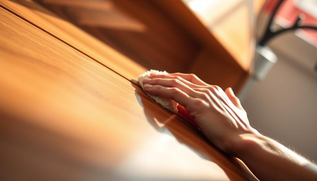 A sleek, newly installed countertop trim, bathed in warm, natural lighting. The glossy, wooden surface reflects the gentle shadows cast by the trim, showcasing its clean lines and seamless integration. In the foreground, a hand gently applies a specialized wood polish, meticulously buffing the surface to a lustrous sheen. The background is softly blurred, allowing the viewer to focus on the careful maintenance of this essential kitchen detail. The scene conveys a sense of domestic tranquility and attention to detail, perfectly capturing the essence of "Pielęgnacja Listwy Przyblatowej po Montażu". A sleek, newly installed countertop trim, bathed in warm, natural lighting. The glossy, wooden surface reflects the gentle shadows cast by the trim, showcasing its clean lines and seamless integration. In the foreground, a hand gently applies a specialized wood polish, meticulously buffing the surface to a lustrous sheen. The background is softly blurred, allowing the viewer to focus on the careful maintenance of this essential kitchen detail. The scene conveys a sense of domestic tranquility and attention to detail, perfectly capturing the essence of "Pielęgnacja Listwy Przyblatowej po Montażu".