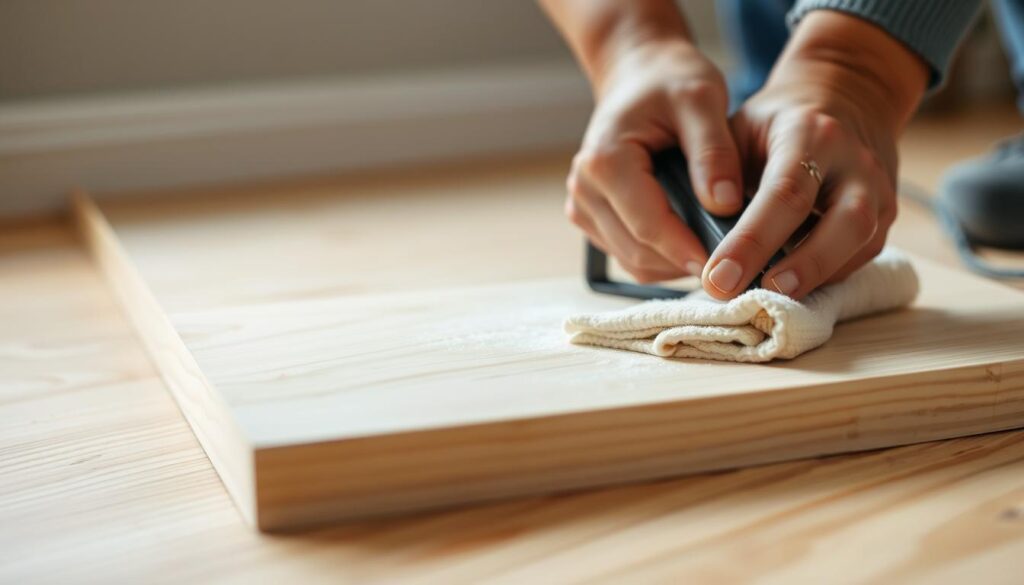 A well-lit close-up view of a person's hands carefully preparing a clean, smooth wooden surface by sanding and wiping it down, getting it ready to apply adhesive for installing baseboards. The hands are focused and meticulous, with tools like sandpaper and a cloth visible. The background is blurred, keeping the surface preparation as the central focus. The lighting is soft and natural, creating a calm, professional atmosphere suitable for a home improvement tutorial. A well-lit close-up view of a person's hands carefully preparing a clean, smooth wooden surface by sanding and wiping it down, getting it ready to apply adhesive for installing baseboards. The hands are focused and meticulous, with tools like sandpaper and a cloth visible. The background is blurred, keeping the surface preparation as the central focus. The lighting is soft and natural, creating a calm, professional atmosphere suitable for a home improvement tutorial.