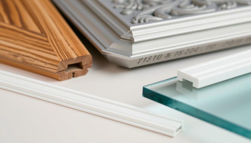 A well-lit, high-quality close-up shot of various alternative materials for ceiling moldings or trims, including wood, metal, stone, and glass. The materials are displayed on a clean, neutral-colored background, showcasing their textures, colors, and potential applications. The composition emphasizes the visual contrast and unique characteristics of each material, inviting the viewer to consider their suitability as substitutes for traditional styrofoam ceiling trims. The lighting is soft and flattering, highlighting the materials' subtle details and creating a sense of depth and dimension. The overall mood is one of thoughtful contemplation and inspiration for interior design solutions. A well-lit, high-quality close-up shot of various alternative materials for ceiling moldings or trims, including wood, metal, stone, and glass. The materials are displayed on a clean, neutral-colored background, showcasing their textures, colors, and potential applications. The composition emphasizes the visual contrast and unique characteristics of each material, inviting the viewer to consider their suitability as substitutes for traditional styrofoam ceiling trims. The lighting is soft and flattering, highlighting the materials' subtle details and creating a sense of depth and dimension. The overall mood is one of thoughtful contemplation and inspiration for interior design solutions.