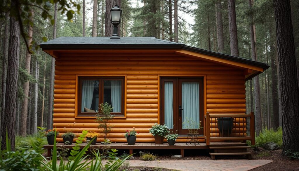A wooden cabin nestled in a tranquil forest, its warm honey-hued exterior complemented by rich walnut-framed windows. The structure stands in harmony with its natural surroundings, radiating a cozy, rustic charm. Soft, diffused lighting filters through the windows, casting a gentle glow on the weathered wood. The cabin's clean, linear design and thoughtful use of natural materials create a welcoming, elegant presence. In the foreground, a well-tended garden adds a touch of lush greenery, blending seamlessly with the woodland backdrop. An overall atmosphere of peaceful solitude and craftsmanship permeates the scene.