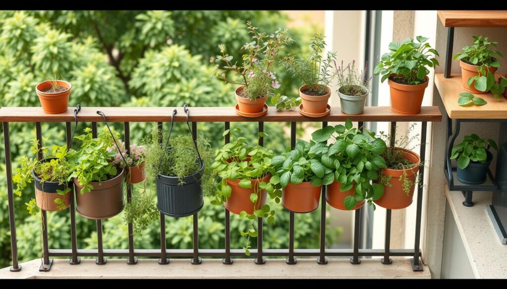 Balustrada balkonu z doniczkami i półkami funkcjonalnymi