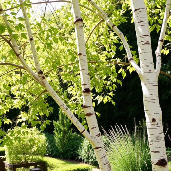 Brzoza w ogrodzie z charakterystyczną białą korą i delikatnymi liśćmi