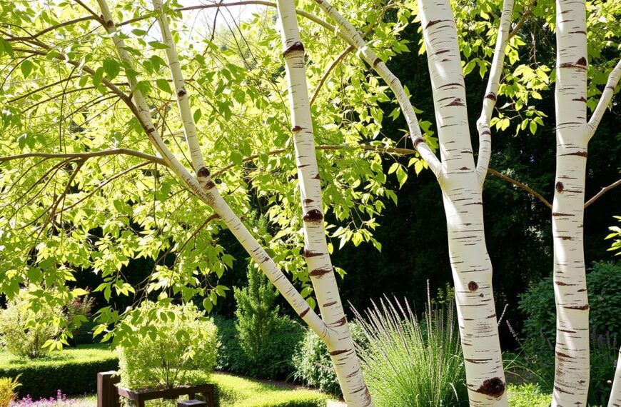 Brzoza w ogrodzie z charakterystyczną białą korą i delikatnymi liśćmi