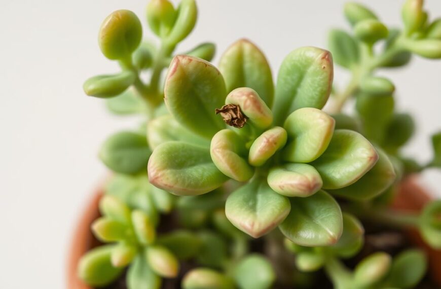 Drzewko Szczęścia z pomarszczonymi liśćmi pokazujące oznaki odwodnienia