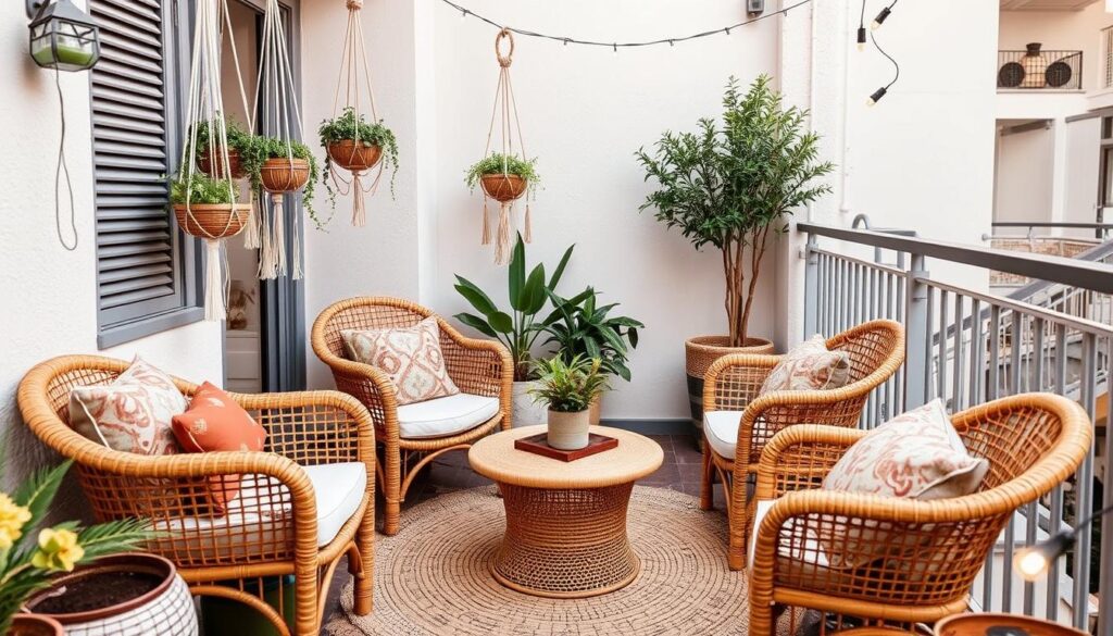 Mały balkon w stylu boho z plecionymi meblami i kolorowymi tekstyliami