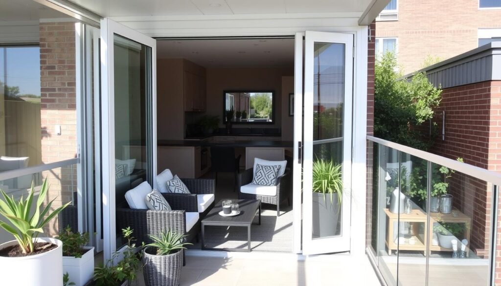 Mały balkon z lekką zabudową z przesuwnych szyb