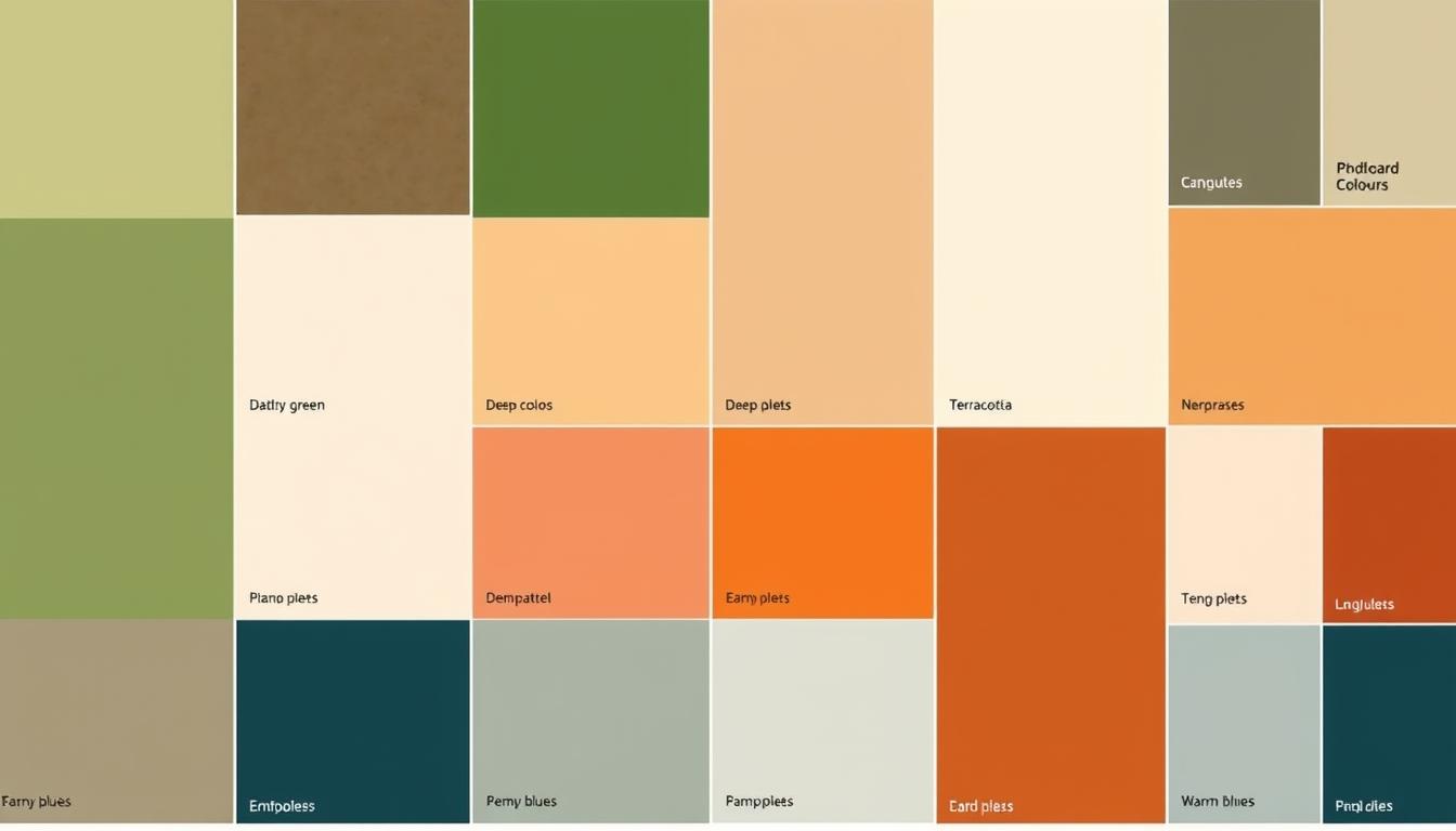 Paleta modnych kolorów farb do pokoju na rok 2025 z próbkami kolorów ziemistych i pastelowych