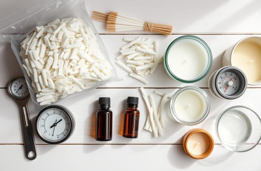 Podstawowe materiały do robienia świec - wosk sojowy, knoty, olejki eteryczne i naczynia