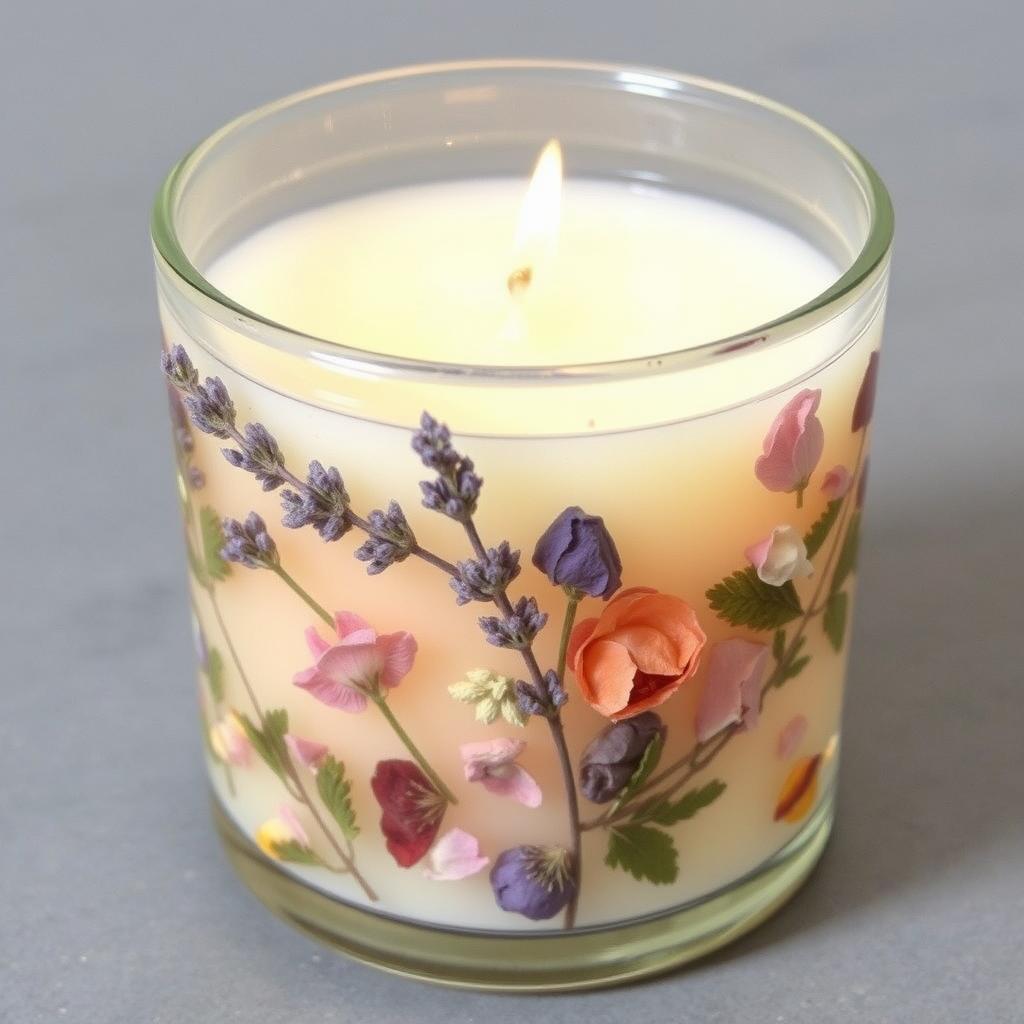 Świeca z zatopionymi suszonymi kwiatami i ziołami