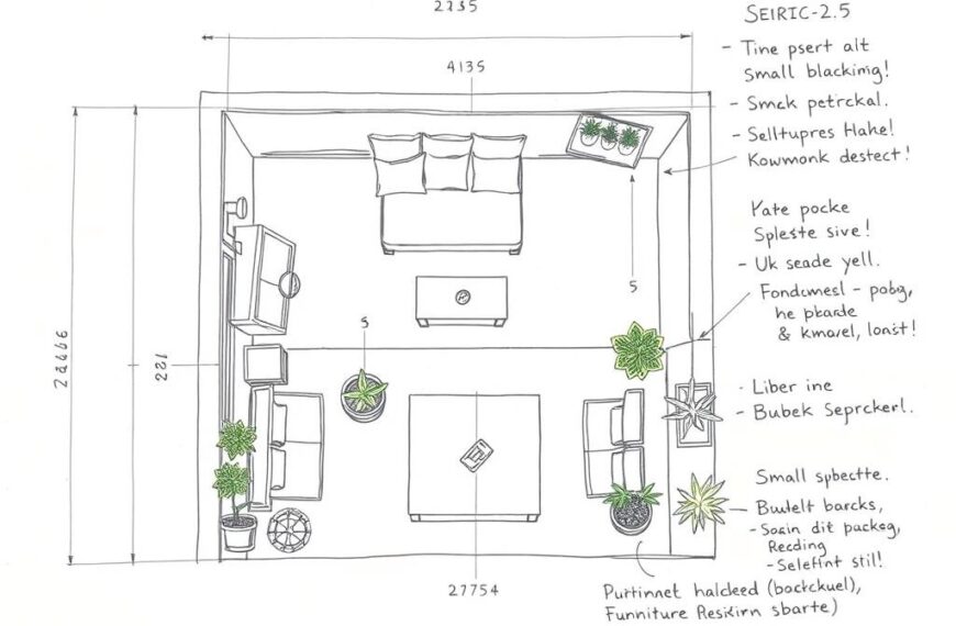 Szkic planowania aranżacji małego balkonu z wymiarami i oznaczeniami funkcjonalnymi