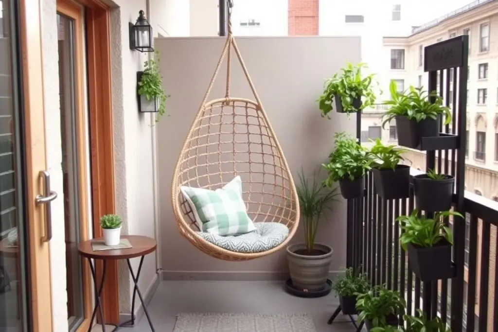Wąski balkon z fotelem wiszącym oszczędzającym miejsce na podłodze