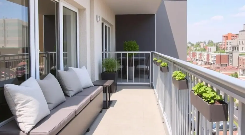 Wąski balkon z funkcjonalnym siedziskiem przy balustradzie