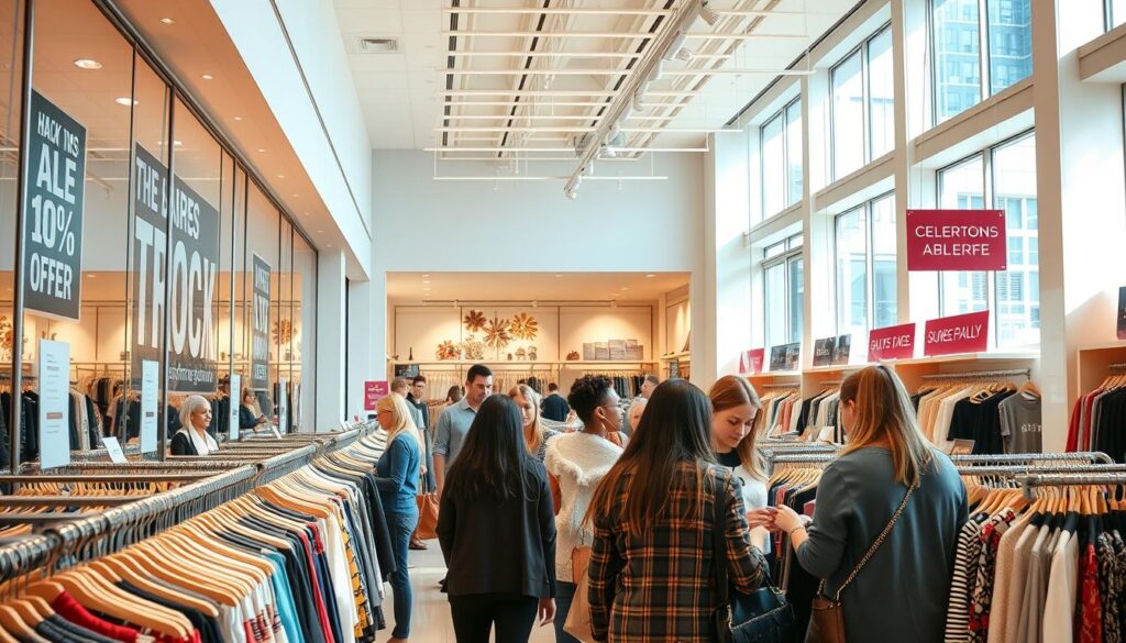 A bright, airy retail store interior with racks of stylish clothing and accessories. The storefront features large windows showcasing the latest promotional offers and sale signs. Customers browse the selection, examining items and speaking with helpful store associates. Warm, natural lighting illuminates the space, creating an inviting atmosphere. The layout is clean and modern, with strategic product placement to draw the eye. Subtle signage highlights the store's return policy and customer service options. An overall sense of accessibility, ease, and positive shopping experience. A bright, airy retail store interior with racks of stylish clothing and accessories. The storefront features large windows showcasing the latest promotional offers and sale signs. Customers browse the selection, examining items and speaking with helpful store associates. Warm, natural lighting illuminates the space, creating an inviting atmosphere. The layout is clean and modern, with strategic product placement to draw the eye. Subtle signage highlights the store's return policy and customer service options. An overall sense of accessibility, ease, and positive shopping experience.