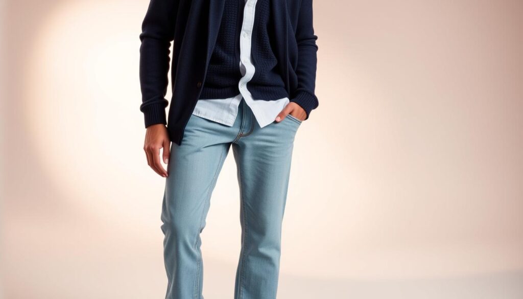A casually stylish Tom Tailor outfit in a modern, well-lit studio setting. In the foreground, a crisp white button-down shirt layered with a navy blue knit sweater, paired with slim-fit light wash denim jeans. The middle ground features a pair of sleek, minimalist leather oxfords in a rich cognac hue. The background is a clean, neutral-toned backdrop, illuminated by soft, diffused lighting that creates a warm, inviting atmosphere. The overall composition emphasizes the effortless, contemporary aesthetic of the Tom Tailor casual style. A casually stylish Tom Tailor outfit in a modern, well-lit studio setting. In the foreground, a crisp white button-down shirt layered with a navy blue knit sweater, paired with slim-fit light wash denim jeans. The middle ground features a pair of sleek, minimalist leather oxfords in a rich cognac hue. The background is a clean, neutral-toned backdrop, illuminated by soft, diffused lighting that creates a warm, inviting atmosphere. The overall composition emphasizes the effortless, contemporary aesthetic of the Tom Tailor casual style.
