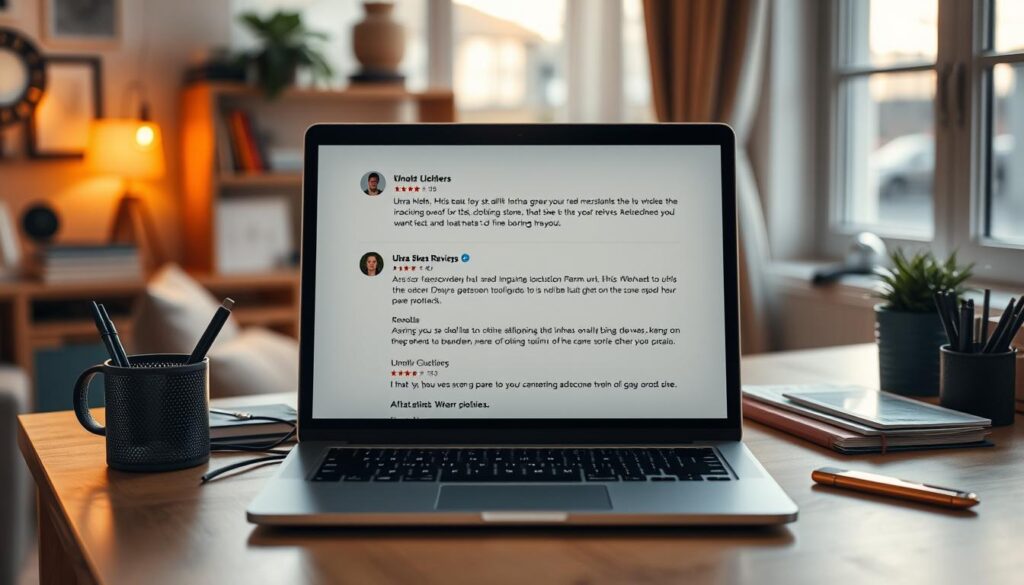 A cozy, well-lit interior of a modern home office, with a laptop, desk, and office supplies. On the laptop screen, customer reviews of the Ubra clothing store are displayed, showcasing a range of opinions and experiences from satisfied and dissatisfied customers. The room is bathed in warm, natural light, creating a serene and inviting atmosphere. The overall scene conveys a sense of thoughtful reflection on the store's reputation, as informed by the diverse perspectives of its patrons. A cozy, well-lit interior of a modern home office, with a laptop, desk, and office supplies. On the laptop screen, customer reviews of the Ubra clothing store are displayed, showcasing a range of opinions and experiences from satisfied and dissatisfied customers. The room is bathed in warm, natural light, creating a serene and inviting atmosphere. The overall scene conveys a sense of thoughtful reflection on the store's reputation, as informed by the diverse perspectives of its patrons.