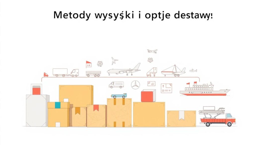 A detailed illustration showcasing various shipping methods on a minimalist background. In the foreground, a row of shipping boxes in different sizes and colors, each representing a distinct delivery option. The middle ground features several transportation icons, such as a truck, plane, and ship, conveying the breadth of available shipping modes. The background is a clean, light-colored space, allowing the shipping elements to stand out. The overall composition emphasizes the diversity of delivery choices, with a focus on simplicity and clarity to align with the section title "Metody wysyłki i opcje dostawy". A detailed illustration showcasing various shipping methods on a minimalist background. In the foreground, a row of shipping boxes in different sizes and colors, each representing a distinct delivery option. The middle ground features several transportation icons, such as a truck, plane, and ship, conveying the breadth of available shipping modes. The background is a clean, light-colored space, allowing the shipping elements to stand out. The overall composition emphasizes the diversity of delivery choices, with a focus on simplicity and clarity to align with the section title "Metody wysyłki i opcje dostawy".