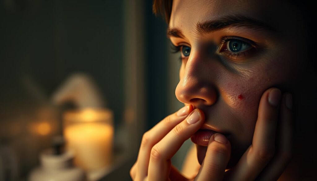 A dimly lit bathroom scene, with a close-up of a person's face reflected in the mirror. The skin is blemished, with several acne spots and blackheads visible. The person's expression is one of intense focus, as they gently squeeze and extract the imperfections, their fingers delicately working the surface of the skin. The background is hazy and out of focus, creating a sense of intimacy and introspection. The lighting is soft and warm, casting a gentle glow on the scene, conveying a sense of vulnerability and the emotional weight of the action. The overall mood is pensive and introspective, reflecting the connection between skin care and mental well-being. A dimly lit bathroom scene, with a close-up of a person's face reflected in the mirror. The skin is blemished, with several acne spots and blackheads visible. The person's expression is one of intense focus, as they gently squeeze and extract the imperfections, their fingers delicately working the surface of the skin. The background is hazy and out of focus, creating a sense of intimacy and introspection. The lighting is soft and warm, casting a gentle glow on the scene, conveying a sense of vulnerability and the emotional weight of the action. The overall mood is pensive and introspective, reflecting the connection between skin care and mental well-being.