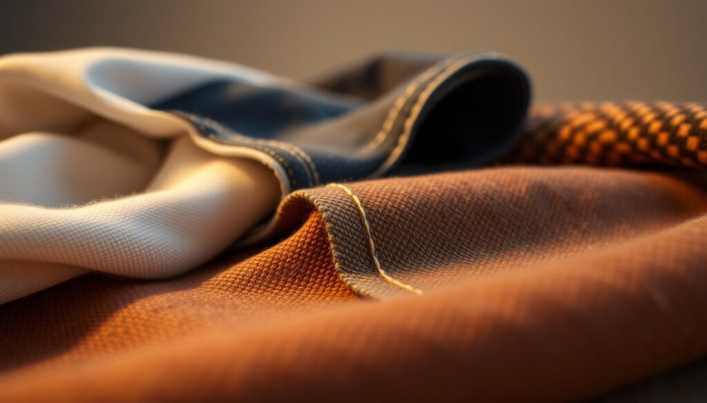 A high-quality close-up shot of a selection of Tom Tailor clothing materials, highlighting their craftsmanship and attention to detail. The foreground features a range of fabrics, including soft cotton, durable denim, and luxurious wool, all showcased under warm, diffused lighting that accentuates their textures and patterns. The middle ground displays a carefully stitched seam, emphasizing the precision of the tailoring. In the background, a muted, neutral-toned environment allows the materials to be the focal point, conveying a sense of refined simplicity and quality. A high-quality close-up shot of a selection of Tom Tailor clothing materials, highlighting their craftsmanship and attention to detail. The foreground features a range of fabrics, including soft cotton, durable denim, and luxurious wool, all showcased under warm, diffused lighting that accentuates their textures and patterns. The middle ground displays a carefully stitched seam, emphasizing the precision of the tailoring. In the background, a muted, neutral-toned environment allows the materials to be the focal point, conveying a sense of refined simplicity and quality.