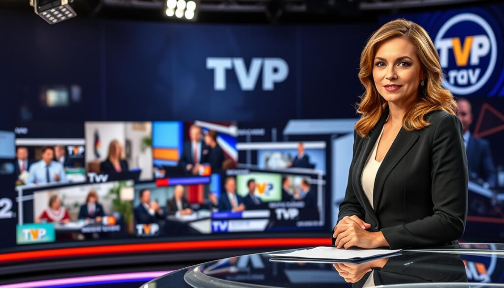 A high-quality, striking image of Monika Andrzejczak's TV career progression, captured in a cinematic, editorial style. The foreground shows Monika confidently presenting on a news set, with professional lighting and a sleek, modern aesthetic. The middle ground reveals a montage of Monika in various TV roles over the years, from local studio work to high-profile national broadcasts. The background features the recognizable TVP logo and branding, conveying the prestigious, nationwide scope of her achievements. The overall mood is one of dynamism, success, and Monika's impressive evolution as a TV personality. A high-quality, striking image of Monika Andrzejczak's TV career progression, captured in a cinematic, editorial style. The foreground shows Monika confidently presenting on a news set, with professional lighting and a sleek, modern aesthetic. The middle ground reveals a montage of Monika in various TV roles over the years, from local studio work to high-profile national broadcasts. The background features the recognizable TVP logo and branding, conveying the prestigious, nationwide scope of her achievements. The overall mood is one of dynamism, success, and Monika's impressive evolution as a TV personality.