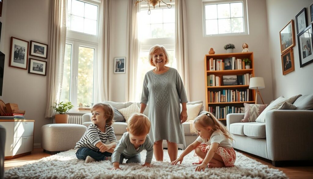 A middle-aged woman, Klaudia Klimczyk, stands in the center of a cozy, well-lit living room, surrounded by family. Her expression is warm and joyful as she engages with her young children, a boy and a girl, playing on the plush area rug. The room is filled with natural light from large windows, casting a soft, inviting glow. Framed family photos adorn the walls, and a bookshelf in the background suggests an intellectual, nurturing environment. The overall scene conveys a sense of domestic bliss, reflecting Klaudia's fulfilling role as a mother and the intimate, loving nature of her family life.