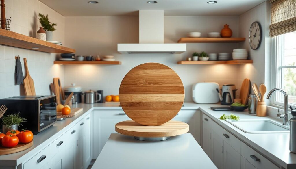 A minimalist kitchen interior with a large wooden cutting board or lazy susan in the center, surrounded by various kitchen appliances, utensils, and ingredients. The lighting is soft and natural, creating a warm, inviting atmosphere. The scene captures the essence of home cooking and product reviews, with a focus on the central rotating item. The composition is well-balanced, drawing the viewer's attention to the primary subject while including relevant contextual elements. The overall mood is one of functionality, practicality, and domestic comfort. A minimalist kitchen interior with a large wooden cutting board or lazy susan in the center, surrounded by various kitchen appliances, utensils, and ingredients. The lighting is soft and natural, creating a warm, inviting atmosphere. The scene captures the essence of home cooking and product reviews, with a focus on the central rotating item. The composition is well-balanced, drawing the viewer's attention to the primary subject while including relevant contextual elements. The overall mood is one of functionality, practicality, and domestic comfort.