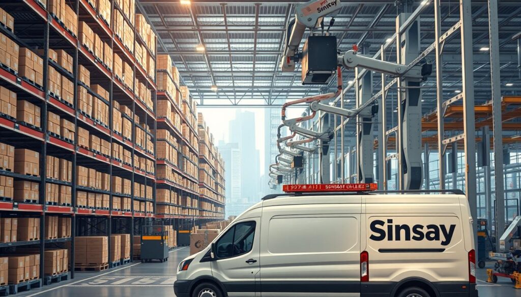 A modern logistics center, with rows of neatly organized shelves and conveyor belts efficiently transporting Sinsay packages. Soft, diffused lighting casts a warm glow, while sleek robotic arms and automated sorting systems operate with precision. In the foreground, a delivery van waits to be loaded, its exterior emblazoned with the Sinsay logo. The background features a bustling urban landscape, hinting at the widespread distribution network that Sinsay leverages to ensure prompt and reliable deliveries. An atmosphere of seamless, technology-driven logistics conveys the reliability and speed of Sinsay's delivery methods. A modern logistics center, with rows of neatly organized shelves and conveyor belts efficiently transporting Sinsay packages. Soft, diffused lighting casts a warm glow, while sleek robotic arms and automated sorting systems operate with precision. In the foreground, a delivery van waits to be loaded, its exterior emblazoned with the Sinsay logo. The background features a bustling urban landscape, hinting at the widespread distribution network that Sinsay leverages to ensure prompt and reliable deliveries. An atmosphere of seamless, technology-driven logistics conveys the reliability and speed of Sinsay's delivery methods.