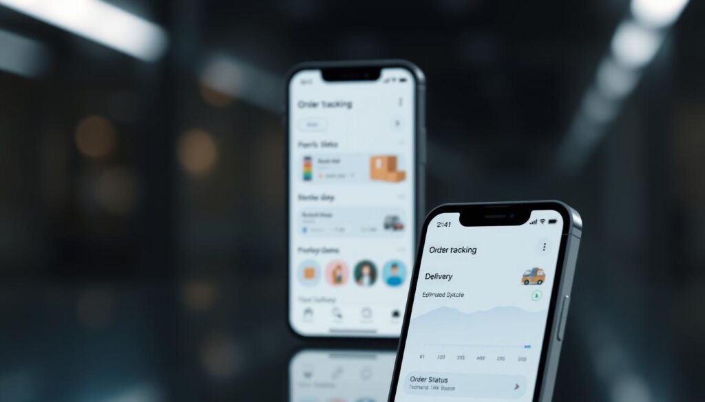 A sleek and modern mobile app interface showcasing the order tracking feature of the Sinsay online store. The foreground depicts a smartphone screen with a clean and intuitive order tracking dashboard, displaying the current status, estimated delivery date, and a timeline of the package's journey. The middle ground features product images, delivery icons, and a minimalist user interface with soft, muted colors that convey a sense of professionalism and reliability. The background is subtly blurred, creating a focal point on the app interface and suggesting a high-tech, digital environment. The overall composition aims to visually communicate the convenience, transparency, and efficiency of Sinsay's order tracking system.