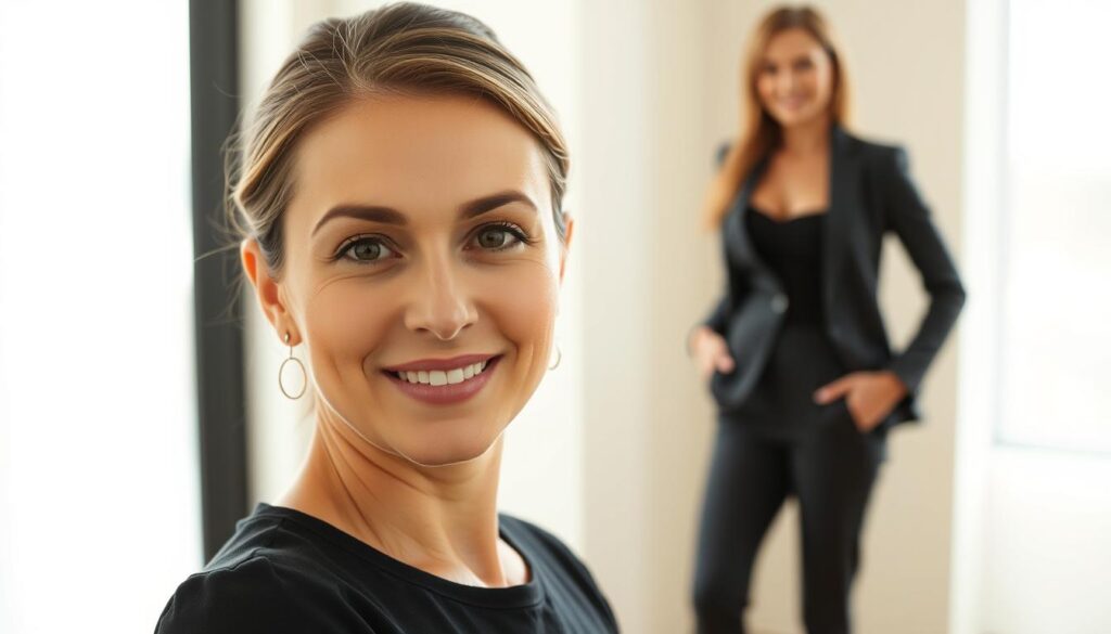 A stunning portrait of Klaudia Klimczyk's remarkable transformation, captured in a warm, natural lighting. In the foreground, her radiant face, glowing with a healthy complexion and subtle, natural makeup. The middle ground reveals her slender, toned figure in a stylish, tailored outfit, exuding confidence and a renewed sense of self. The background subtly fades into a soft, blurred setting, allowing the viewer's focus to remain on Klaudia's captivating presence. The overall mood is one of inspiration and empowerment, celebrating her journey of healthy weight loss and personal growth.