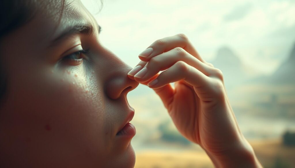 A surreal dreamscape with a person intently focused on squeezing pimples and blackheads on their skin. The scene is bathed in a soft, hazy glow, creating an almost hypnotic atmosphere. In the foreground, the person's face is magnified, revealing every pore and imperfection in vivid detail. The middle ground features a blurred, dreamlike landscape, with abstract shapes and forms swirling in the background. The lighting is gentle and diffused, lending a sense of tranquility and introspection to the scene. The overall mood is one of quiet contemplation, inviting the viewer to engage with the deeply personal act of skin-picking and its symbolic significance in the realm of dreams. A surreal dreamscape with a person intently focused on squeezing pimples and blackheads on their skin. The scene is bathed in a soft, hazy glow, creating an almost hypnotic atmosphere. In the foreground, the person's face is magnified, revealing every pore and imperfection in vivid detail. The middle ground features a blurred, dreamlike landscape, with abstract shapes and forms swirling in the background. The lighting is gentle and diffused, lending a sense of tranquility and introspection to the scene. The overall mood is one of quiet contemplation, inviting the viewer to engage with the deeply personal act of skin-picking and its symbolic significance in the realm of dreams.