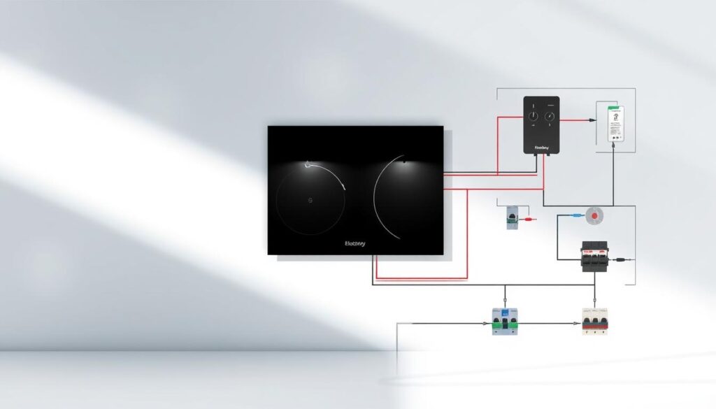A technical installation diagram showcasing the electrical requirements for a 400V induction cooktop. The image depicts the front view of a built-in induction hob set against a clean, minimalist backdrop. The cooktop is surrounded by a detailed illustration of the necessary electrical connections, including a 400V power supply, circuit breakers, and wiring schematics. The scene is illuminated by soft, directional lighting, casting subtle shadows that accentuate the technical details. The overall mood is informative and precise, guiding the viewer through the essential installation prerequisites for a 400V induction cooking appliance. A technical installation diagram showcasing the electrical requirements for a 400V induction cooktop. The image depicts the front view of a built-in induction hob set against a clean, minimalist backdrop. The cooktop is surrounded by a detailed illustration of the necessary electrical connections, including a 400V power supply, circuit breakers, and wiring schematics. The scene is illuminated by soft, directional lighting, casting subtle shadows that accentuate the technical details. The overall mood is informative and precise, guiding the viewer through the essential installation prerequisites for a 400V induction cooking appliance.