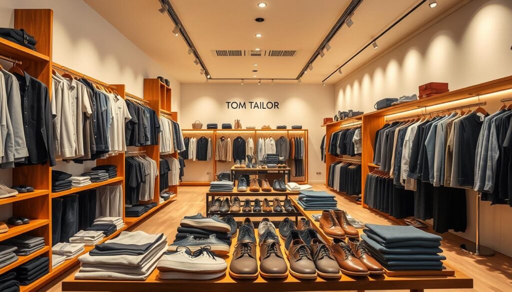 A well-lit, high-quality fashion store display showcasing a diverse assortment of Tom Tailor apparel. In the foreground, a range of stylish men's and women's clothing items, including casual shirts, trousers, jackets, and accessories, are neatly arranged on wooden shelves and clothing racks. The middle ground features a variety of footwear, such as sleek leather shoes and comfortable casual sneakers. The background subtly depicts the warm, inviting ambiance of the store, with subtle lighting, clean lines, and a minimalist, modern design aesthetic that reflects the Tom Tailor brand identity. The overall composition conveys a sense of quality, sophistication, and a comprehensive product offering. A well-lit, high-quality fashion store display showcasing a diverse assortment of Tom Tailor apparel. In the foreground, a range of stylish men's and women's clothing items, including casual shirts, trousers, jackets, and accessories, are neatly arranged on wooden shelves and clothing racks. The middle ground features a variety of footwear, such as sleek leather shoes and comfortable casual sneakers. The background subtly depicts the warm, inviting ambiance of the store, with subtle lighting, clean lines, and a minimalist, modern design aesthetic that reflects the Tom Tailor brand identity. The overall composition conveys a sense of quality, sophistication, and a comprehensive product offering.