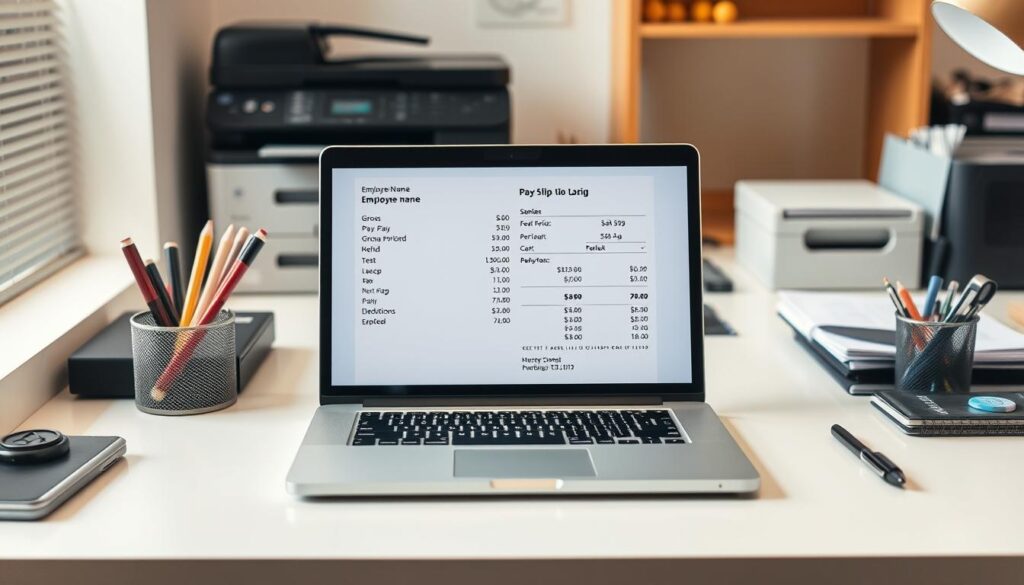 A well-lit office desk with a laptop, printer, and various stationery items. On the laptop screen, a detailed paystub or pay slip is displayed, showcasing the key information such as employee name, pay period, gross and net pay, deductions, and other relevant details. The desk is clean and organized, with a sense of professionalism and attention to detail. The overall atmosphere is calm and focused, reflecting the importance of properly accessing and reviewing one's pay information. A well-lit office desk with a laptop, printer, and various stationery items. On the laptop screen, a detailed paystub or pay slip is displayed, showcasing the key information such as employee name, pay period, gross and net pay, deductions, and other relevant details. The desk is clean and organized, with a sense of professionalism and attention to detail. The overall atmosphere is calm and focused, reflecting the importance of properly accessing and reviewing one's pay information.