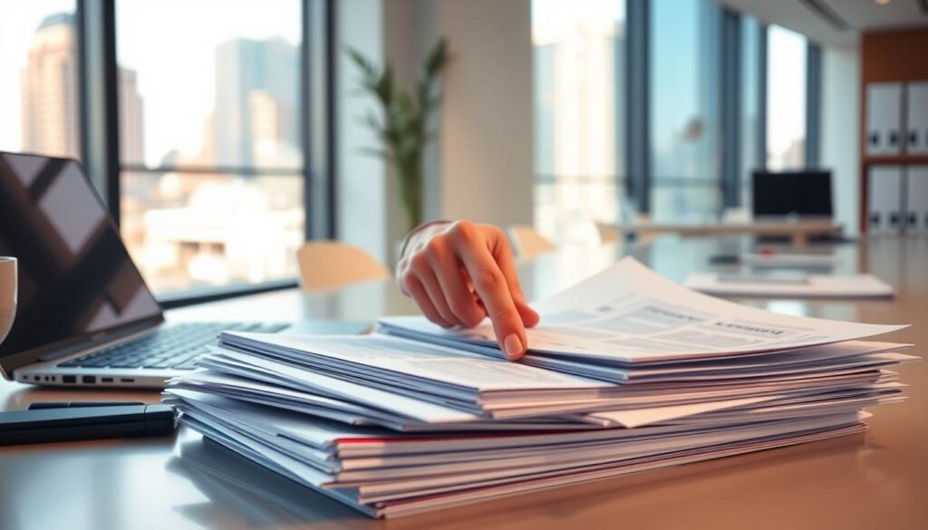 A well-lit office scene with a sleek, minimalist desk featuring a laptop, papers, and folders. In the foreground, a hand navigates through a stack of employee documents, highlighting the need for efficient document management. The background showcases a clean, modern workspace with a large window overlooking a cityscape, creating a sense of professionalism and productivity. The lighting is soft and natural, creating a pleasant, inviting atmosphere. The overall composition emphasizes the importance of organized document handling in the workplace. A well-lit office scene with a sleek, minimalist desk featuring a laptop, papers, and folders. In the foreground, a hand navigates through a stack of employee documents, highlighting the need for efficient document management. The background showcases a clean, modern workspace with a large window overlooking a cityscape, creating a sense of professionalism and productivity. The lighting is soft and natural, creating a pleasant, inviting atmosphere. The overall composition emphasizes the importance of organized document handling in the workplace.