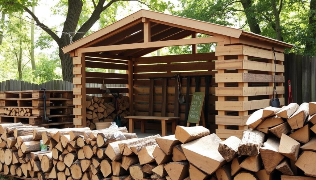 A well-organized wood storage shed made from wooden pallets, showcasing a functional design for wood storage. In the foreground, stacks of neatly arranged firewood, showcasing various sizes of logs, with a rustic pallet structure in the background that features a slanted roof. The middle ground includes a wooden bench and gardening tools, suggesting practical use. Soft, natural lighting filters through the trees surrounding the shed, creating a warm atmosphere. The scene is captured from a slight angle to emphasize the depth and structure of the shed, while ensuring a clear and inviting view. The mood is serene and practical, illustrating an ideal wood storage solution.