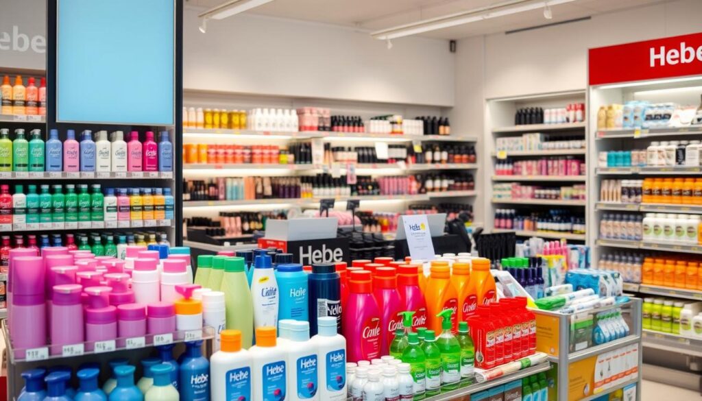 A well-stocked and neatly organized display of personal care products at a Hebe drugstore. The foreground features an assortment of shampoos, conditioners, and body washes in vibrant packaging arranged in a visually appealing manner. The middle ground showcases a variety of makeup and skincare items, while the background subtly hints at the store's clean, modern aesthetic with sleek shelving and soft, diffused lighting. The overall scene conveys a sense of abundance, quality, and convenience - highlighting the wide selection and accessibility of products for Hebe customers. A well-stocked and neatly organized display of personal care products at a Hebe drugstore. The foreground features an assortment of shampoos, conditioners, and body washes in vibrant packaging arranged in a visually appealing manner. The middle ground showcases a variety of makeup and skincare items, while the background subtly hints at the store's clean, modern aesthetic with sleek shelving and soft, diffused lighting. The overall scene conveys a sense of abundance, quality, and convenience - highlighting the wide selection and accessibility of products for Hebe customers.