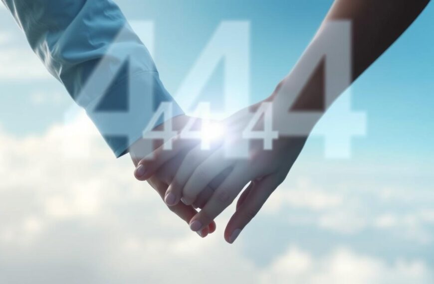 Anielska liczba 444 znaczenie w miłości - para trzymająca się za ręce z widoczną liczbą 444 w tle