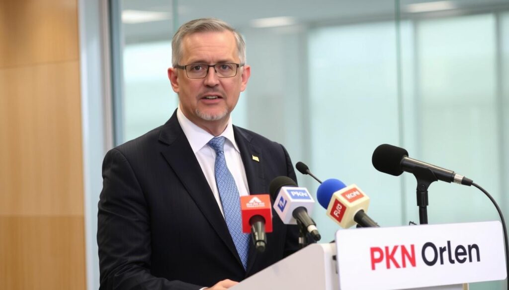 Daniel Obajtek podczas konferencji prasowej, reprezentujący PKN Orlen Daniel Obajtek podczas konferencji prasowej, reprezentujący PKN Orlen