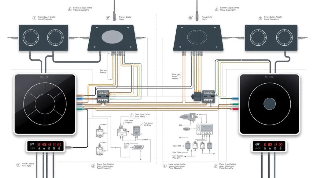 Detailed technical illustration of different types of electrical installations for induction cooktops. Showcase a clean, technical diagram-like composition with precise schematics and engineering diagrams of wiring setups, power supply configurations, and connection options. Depict the key components in a highly detailed, high-resolution manner with a technical, engineering-focused aesthetic. Use a neutral, cool color palette with metallic accents to convey a sense of industrial professionalism. Capture the complexity and versatility of the electrical infrastructure required to power modern induction cooking appliances. Detailed technical illustration of different types of electrical installations for induction cooktops. Showcase a clean, technical diagram-like composition with precise schematics and engineering diagrams of wiring setups, power supply configurations, and connection options. Depict the key components in a highly detailed, high-resolution manner with a technical, engineering-focused aesthetic. Use a neutral, cool color palette with metallic accents to convey a sense of industrial professionalism. Capture the complexity and versatility of the electrical infrastructure required to power modern induction cooking appliances.